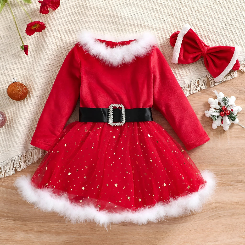 Girls red cotton Christmas dress and headband set, sizes 12M to 5T