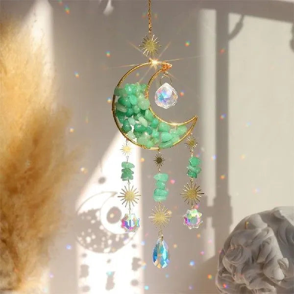 K9 crystal moon car pendant with metal chain in blue, green, pink, purple or white