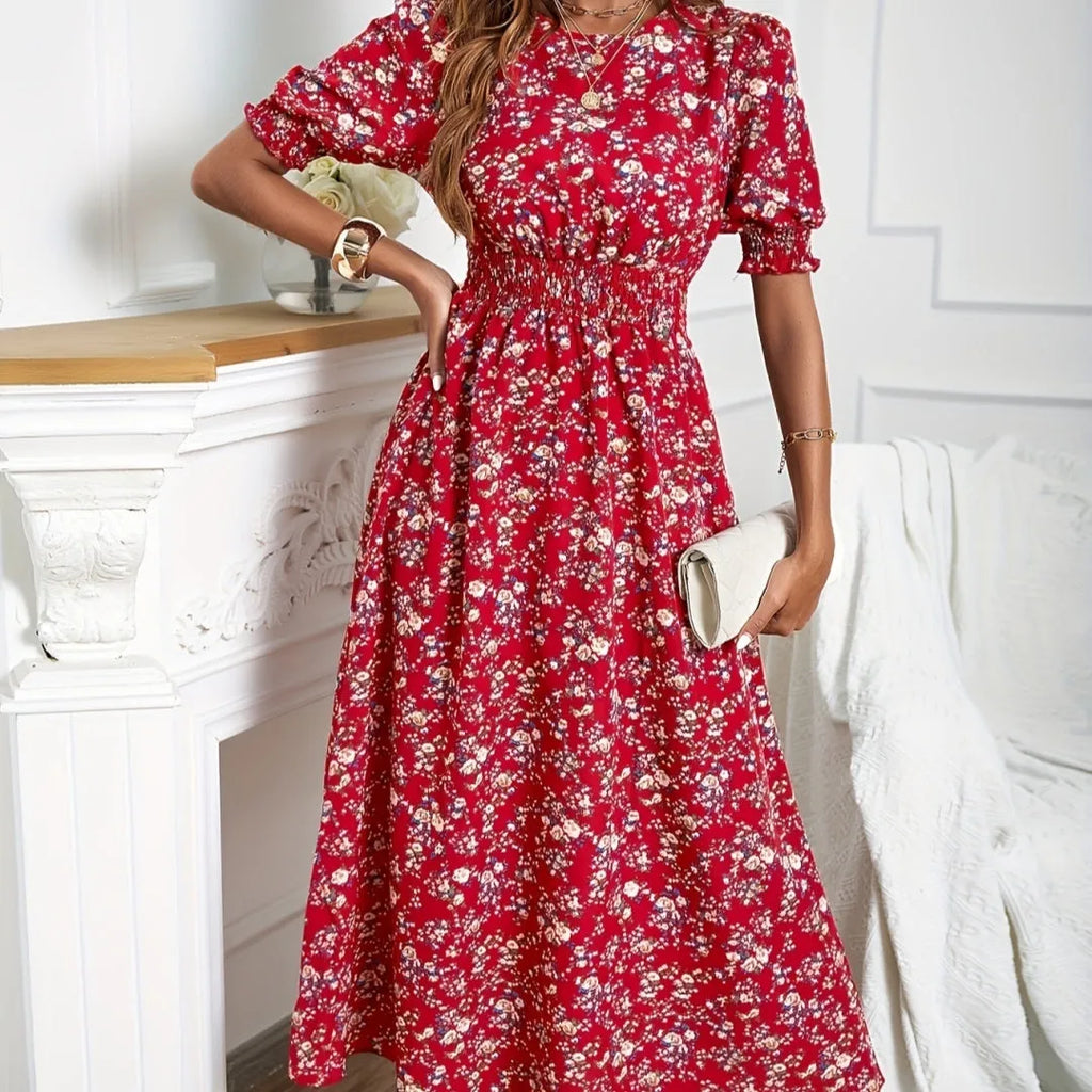 Women's floral print dress with elastic waist, high waist long skirt, short bubble sleeves, camisole style, polyester