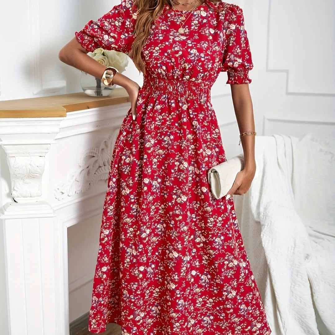 Women's floral print dress with elastic waist, high waist long skirt, short bubble sleeves, camisole style, polyester