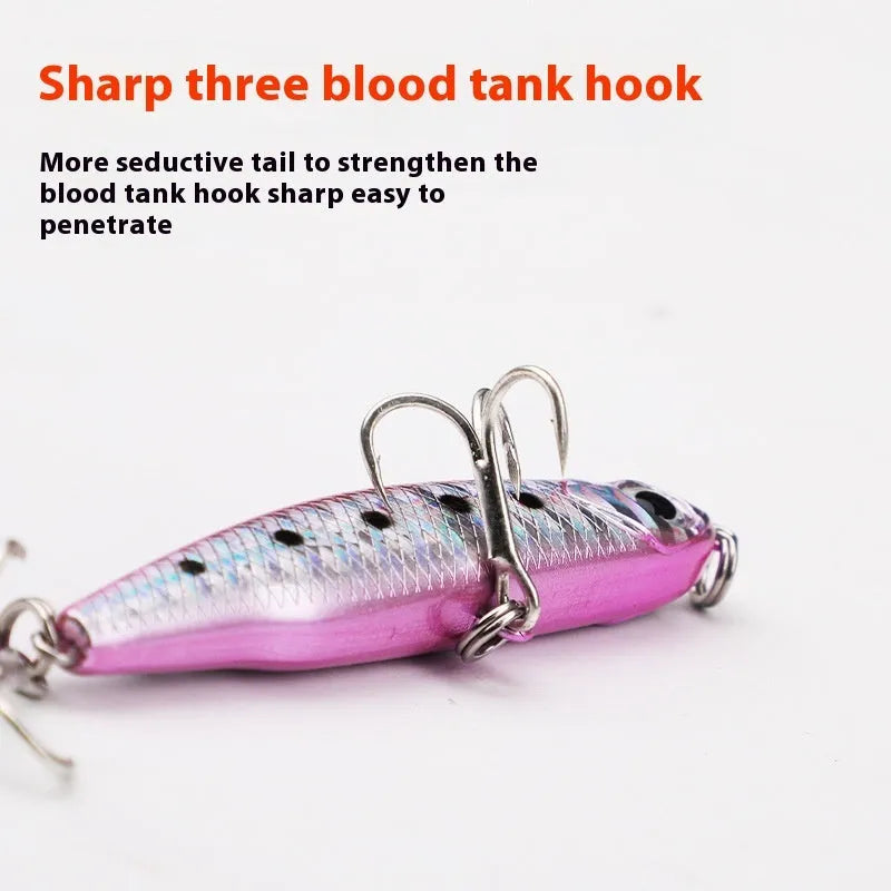 Set of five silver pencil bait fishing lures with double hooks in a storage box, showing four weight options