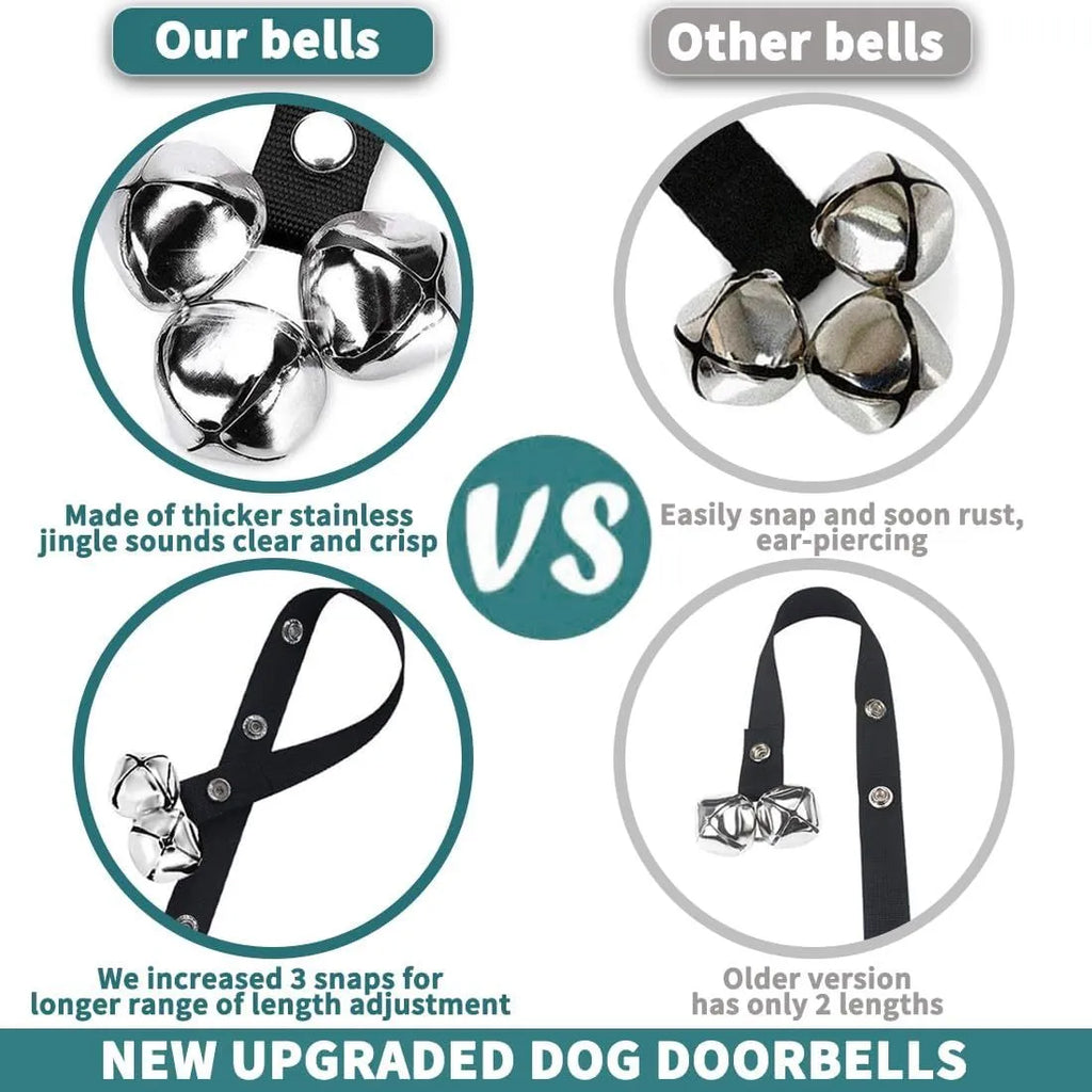 Adjustable dog training doorbell with silver metal bells on a black nylon leash, hung on a door.
