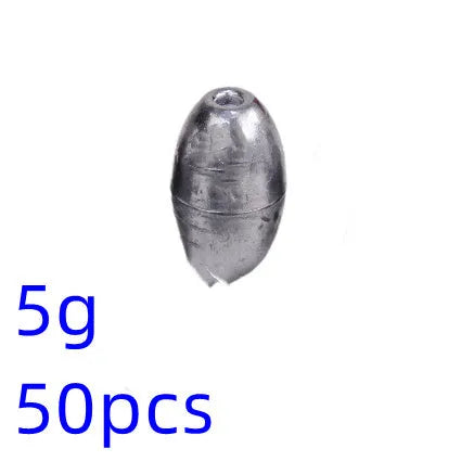Olive-shaped lead fishing sinkers in sizes 1g to 20g, streamlined design for coarse and carp rigs