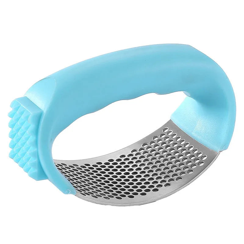 304 stainless steel garlic press in four colour options showing modern design and compact 11 by 7cm dimensions