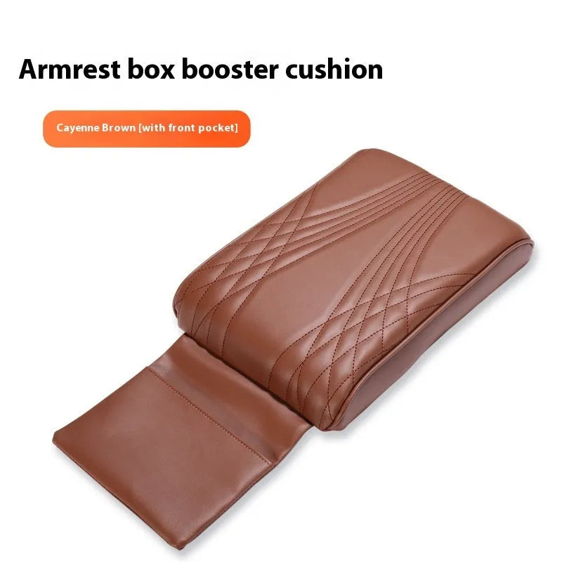 PU leather car armrest cover with heightening insole, black stripes, with pocket, on vehicle seat