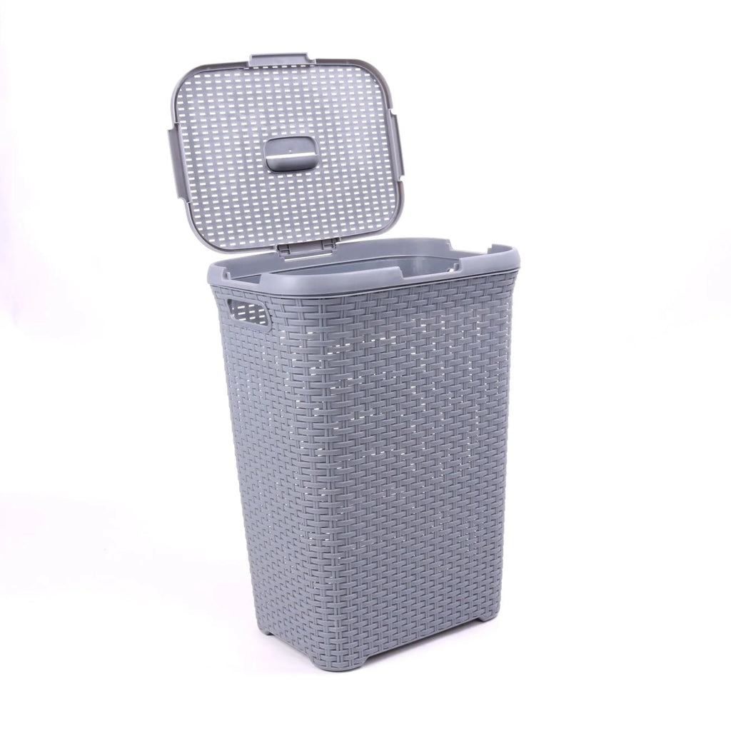 Plastic rattan woven laundry basket in beige, grey, or brown, polypropylene, 44 × 34 × 62cm