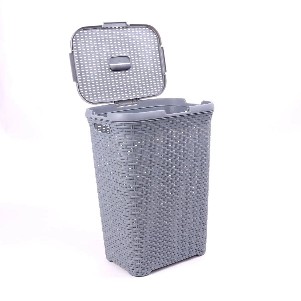 Plastic rattan woven laundry basket in beige, grey, or brown, polypropylene, 44 × 34 × 62cm