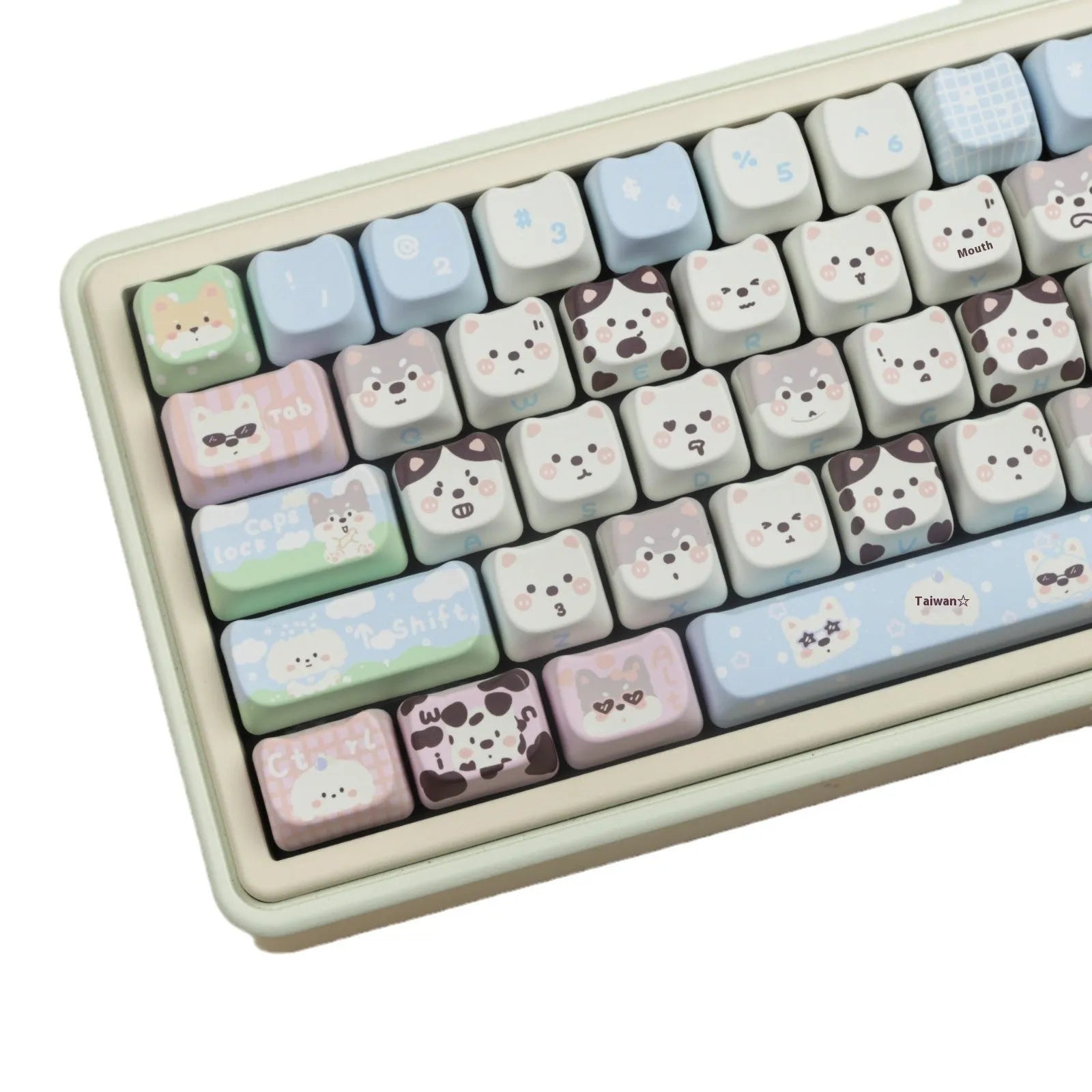 Colourful puppy character PBT key cap set for mechanical keyboards with 26 alphabetical characters.