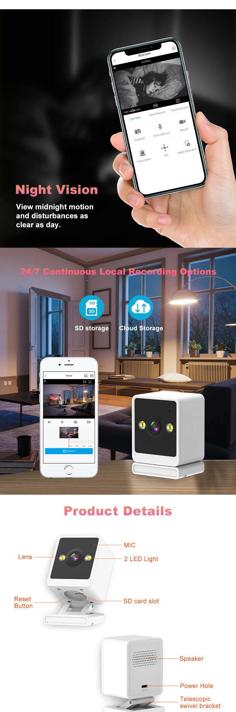Wireless wifi surveillance camera with night vision and 720p resolution for indoor outdoor use