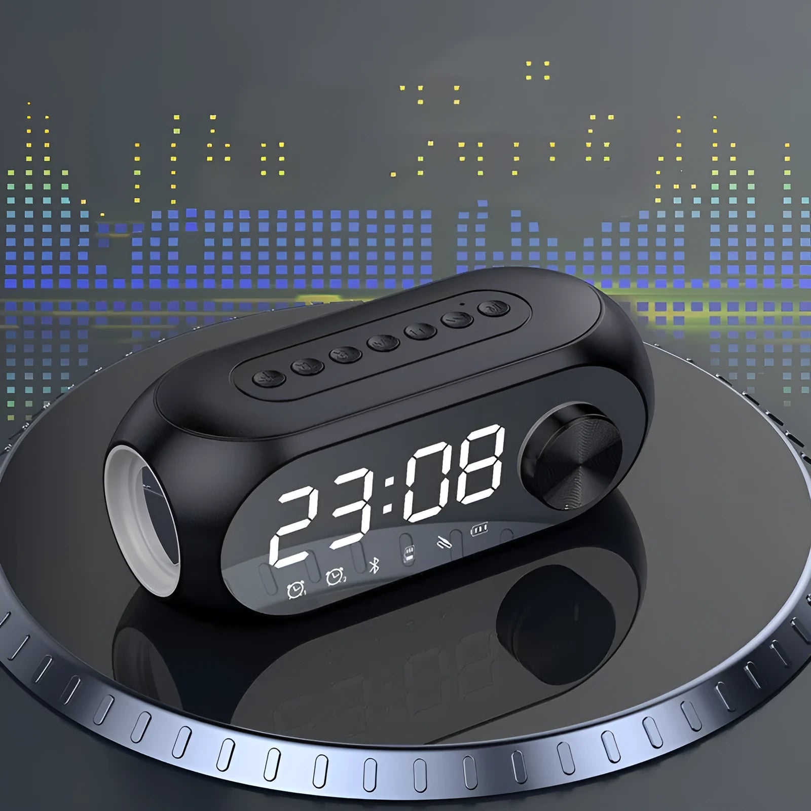 Portable mini Bluetooth speaker with digital clock display in black, white, or blue colour.