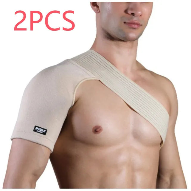 Adjustable one-shoulder sports support strap in skin colour, breathable protective gear for basketball, weightlifting, and running.