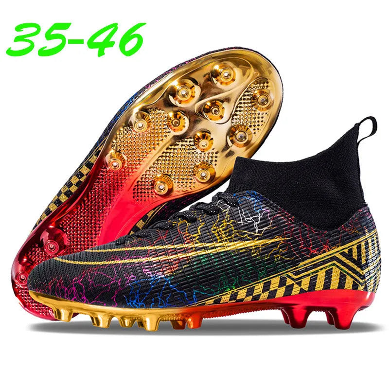 High-top soccer training shoes with gold bottom detail on artificial grass surface