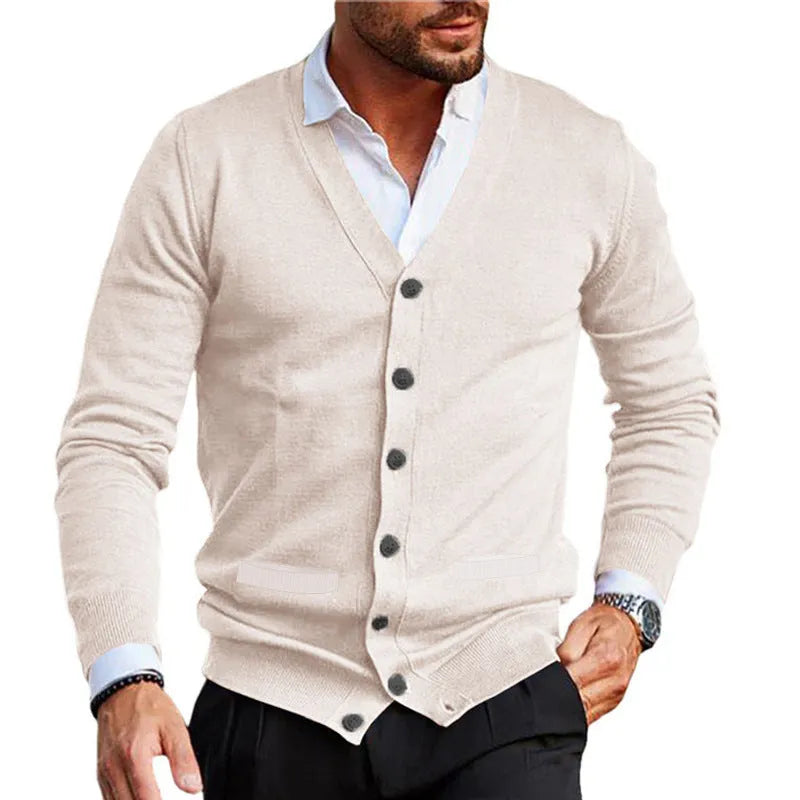 Men's V-neck slim fit knit cardigan with double-sided pockets in black, acrylic, autumn winter wear