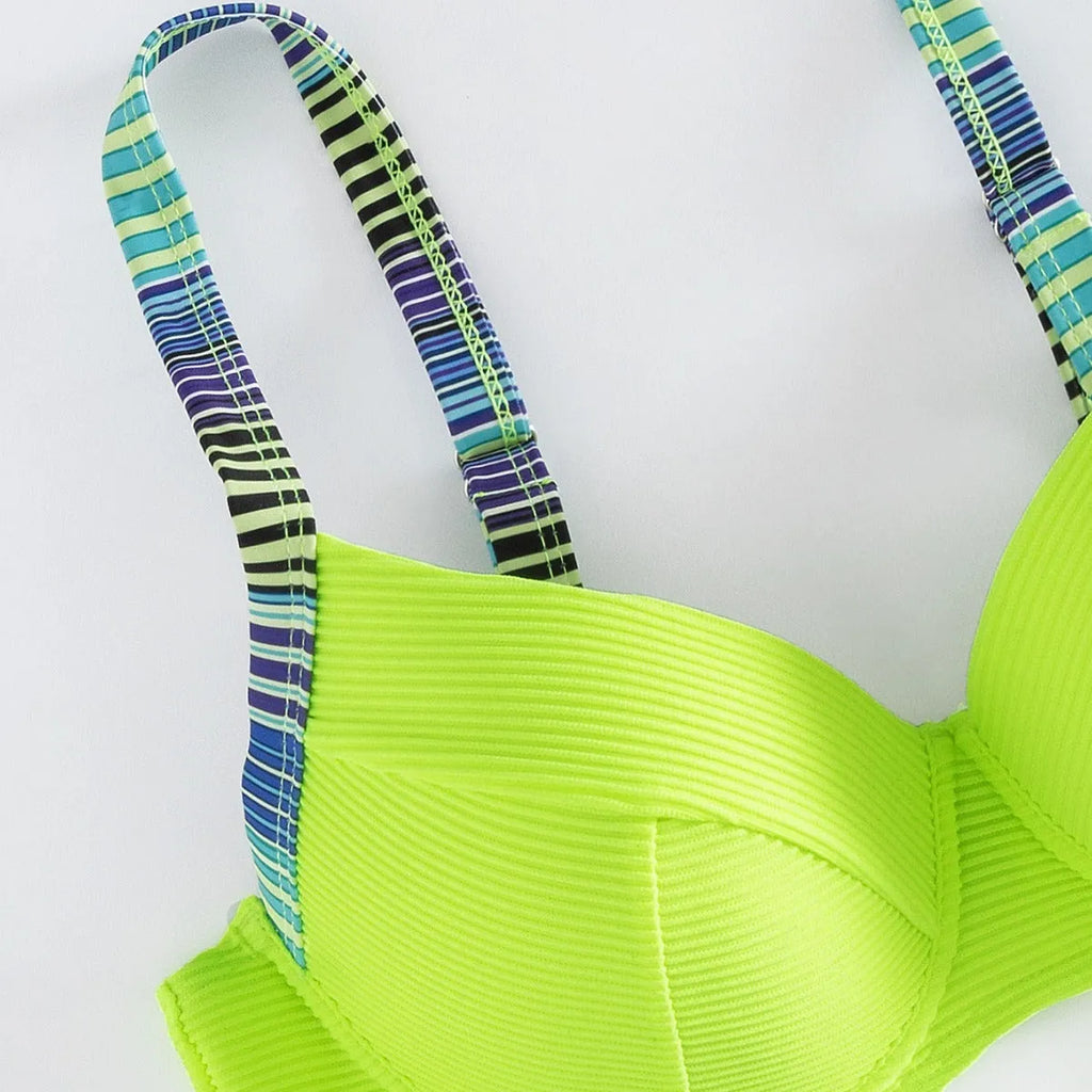 Green printed halter bikini set with split brief bottoms for women