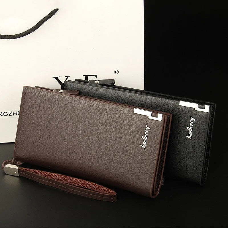 Men's black and brown PU leather wallet with long multifunctional zipper closure