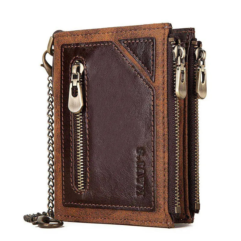 Men's brown genuine leather anti-theft RFID wallet with chain detailing