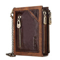 Men's brown genuine leather anti-theft RFID wallet with chain detailing