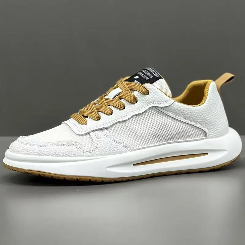 Men's breathable mesh casual shoes in white and yellow, white and black, or pure white, sizes 39-43