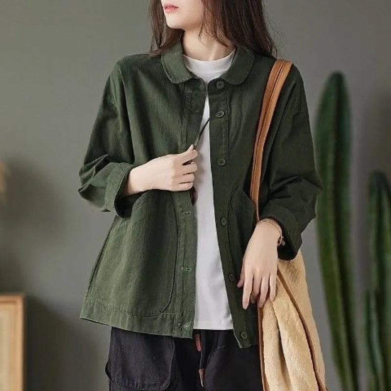 Retro twill cotton loose casual top with large pocket for women in khaki