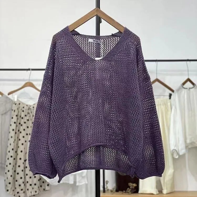 Loose mesh top with 3/4 princess sleeves in green, purple, brown or apricot white