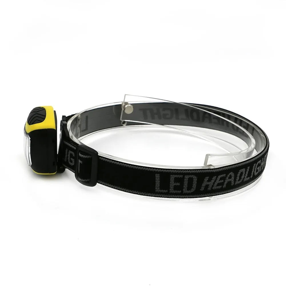 Yellow plastic headlamp with three-speed settings for hands-free outdoor and work lighting