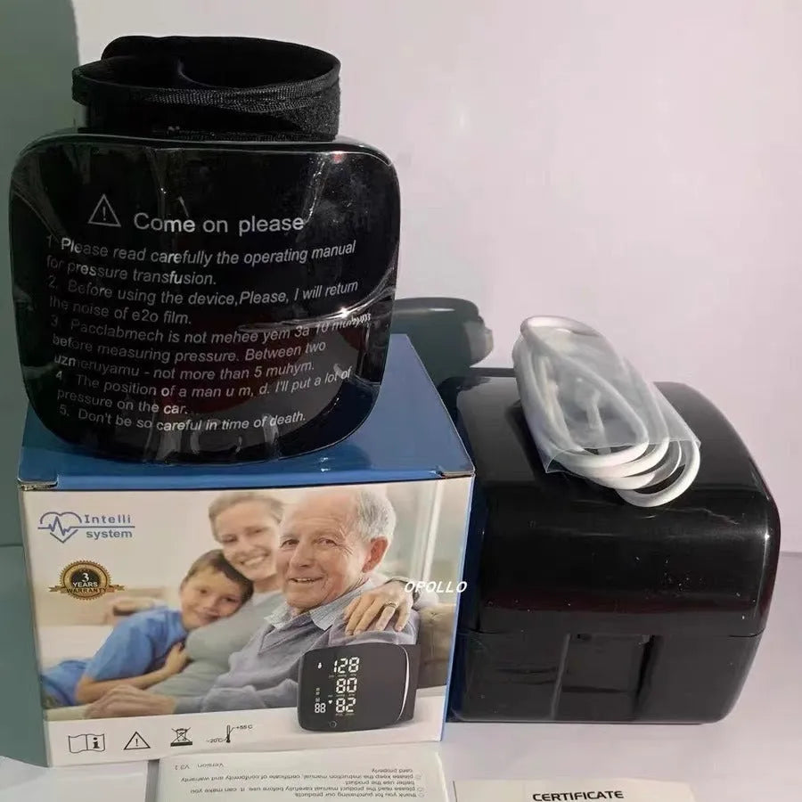Black wrist blood pressure monitor with USB charging port and multilingual voice options.