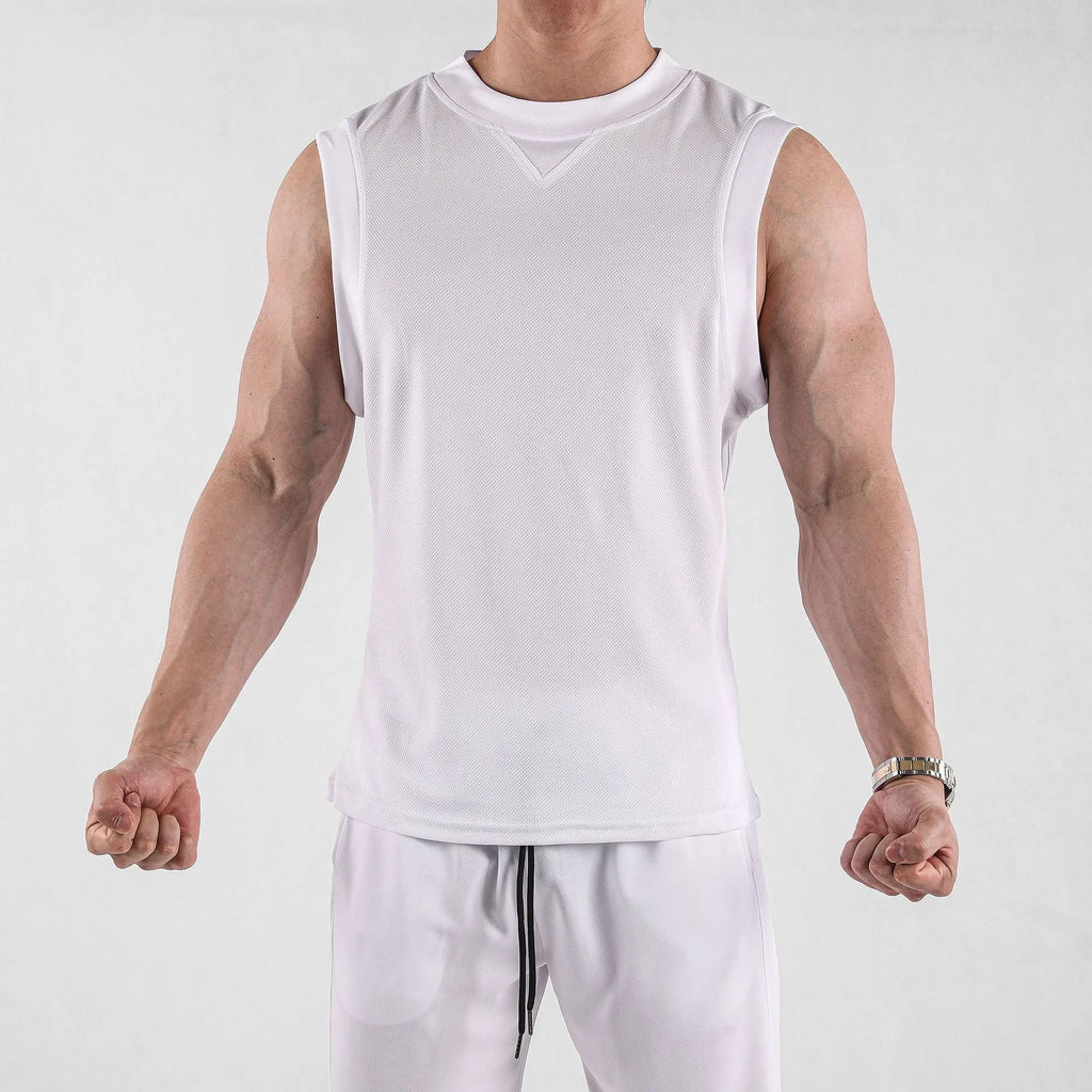 Men's loose-cut fitness vest in white polyester blend fabric for summer training
