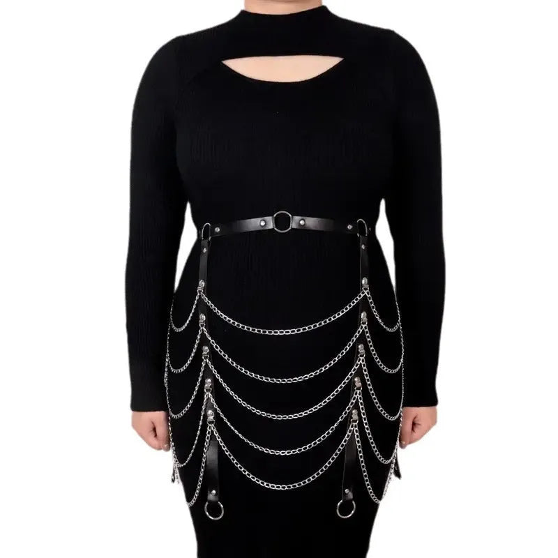 Black PU leather bandage-style waist chain ornament for women, shown with adjustable closure.