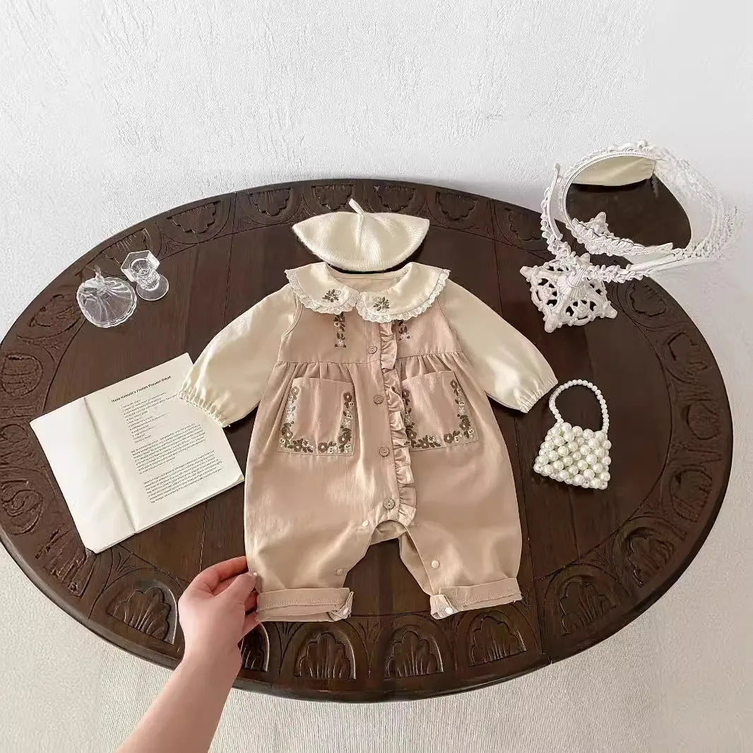 Cotton baby suspender pants suit with long-sleeve top and jumpsuit in khaki, brown, or base shirt, sizes 66cm to 100cm
