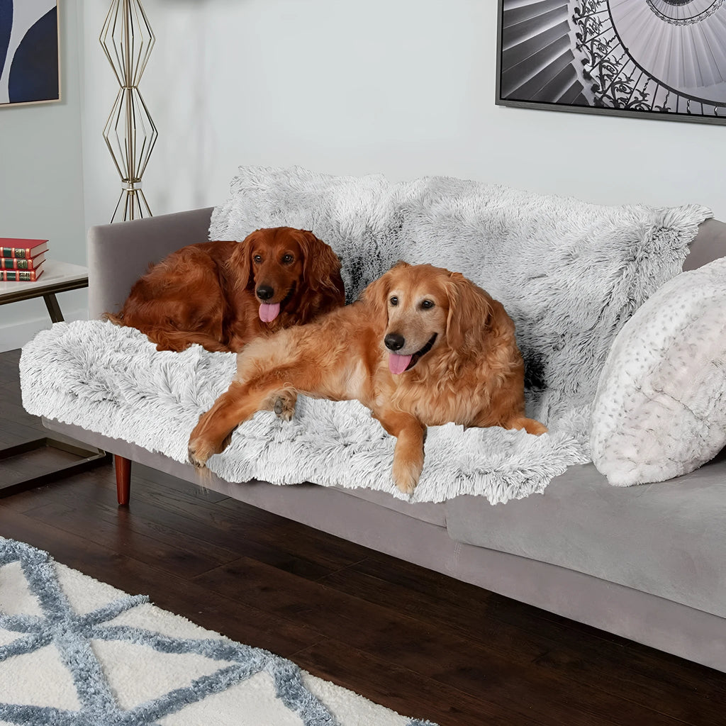 Plush waterproof dog cushion in dark grey, light grey, or rubber colour, shown in S, M, L, and XL sizes