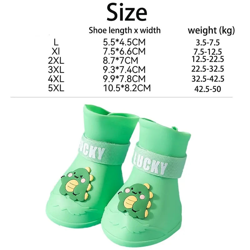 Waterproof anti-slip rubber pet rain boots in blue, green, pink, yellow, 4-pack, sizes L-5XL