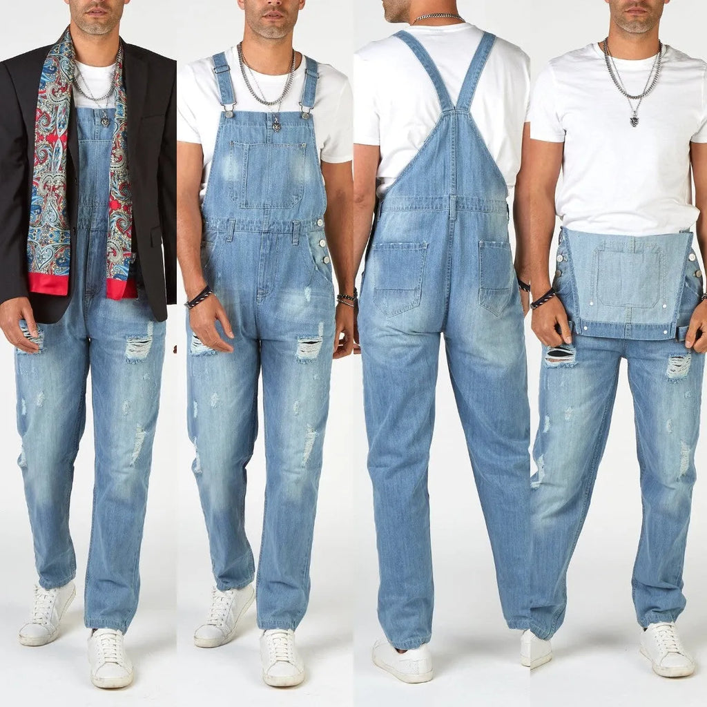 Men's light blue ripped suspender trousers with button-fastened straight legs and high-waist design