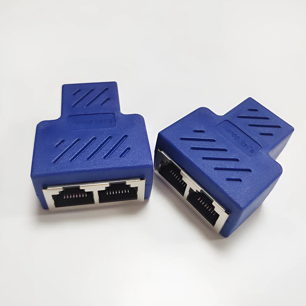 RJ45 network cable splitter adapter in five colour options showing tee configuration