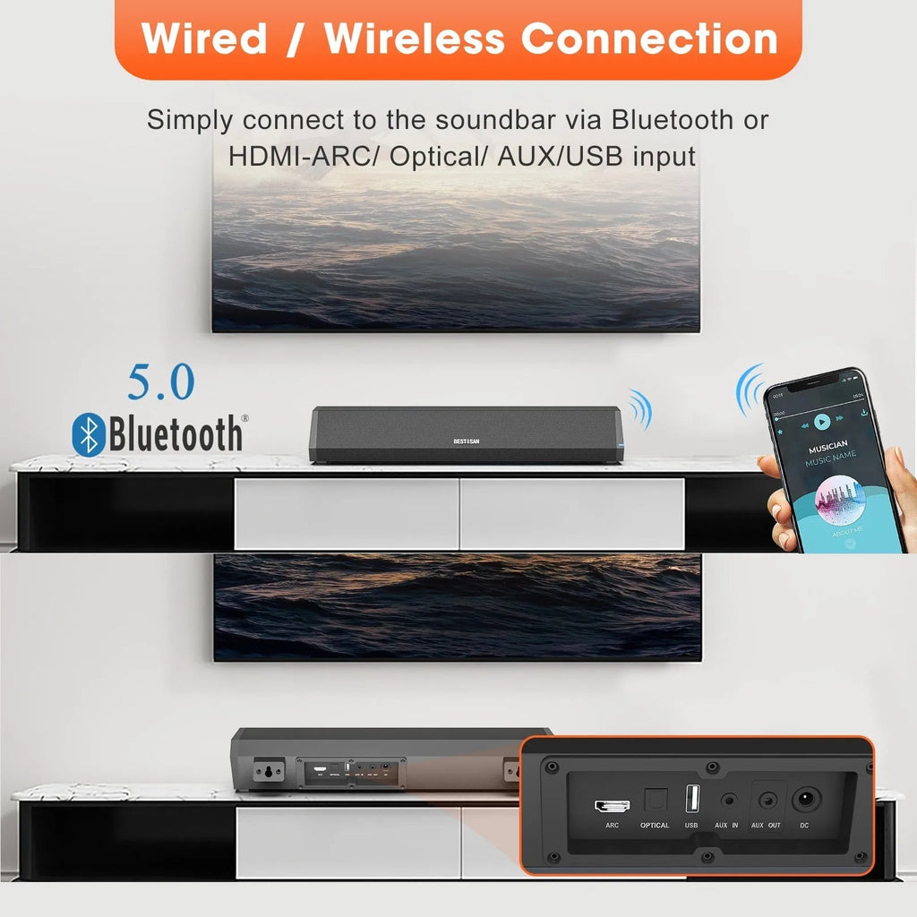 Black small wholesale echo wall soundbar bar TV speaker with 40W power and HDMI inputs, dimensions 420mm x 109mm x 72mm