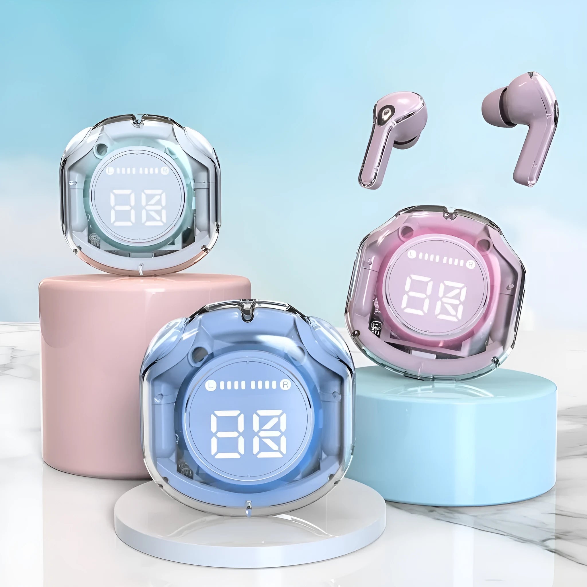Transparent warehouse style wireless Bluetooth headset in various colours with in-ear design