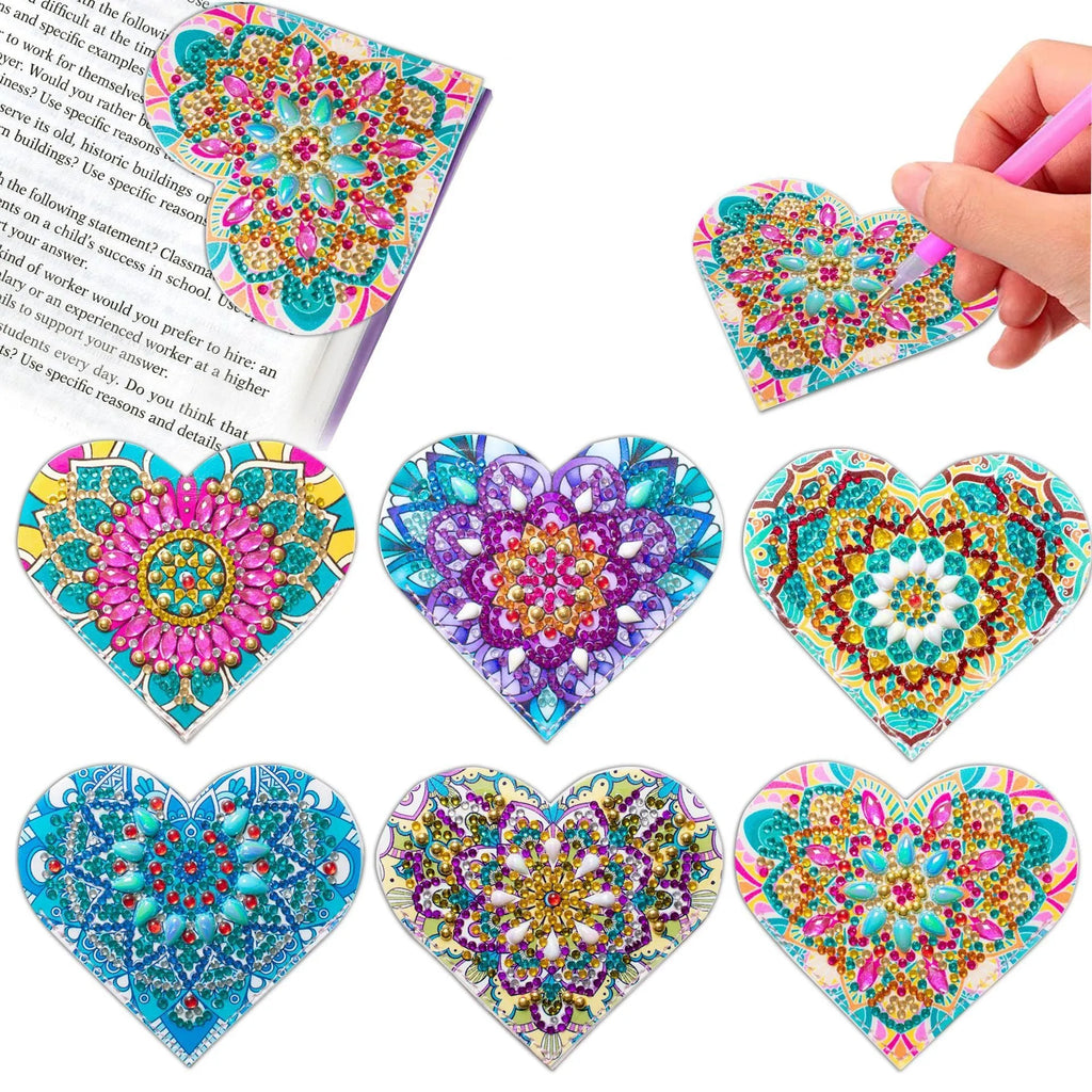 Six handmade PU leather cornerite bookmarks with crystal and floral decoration in a modern style.