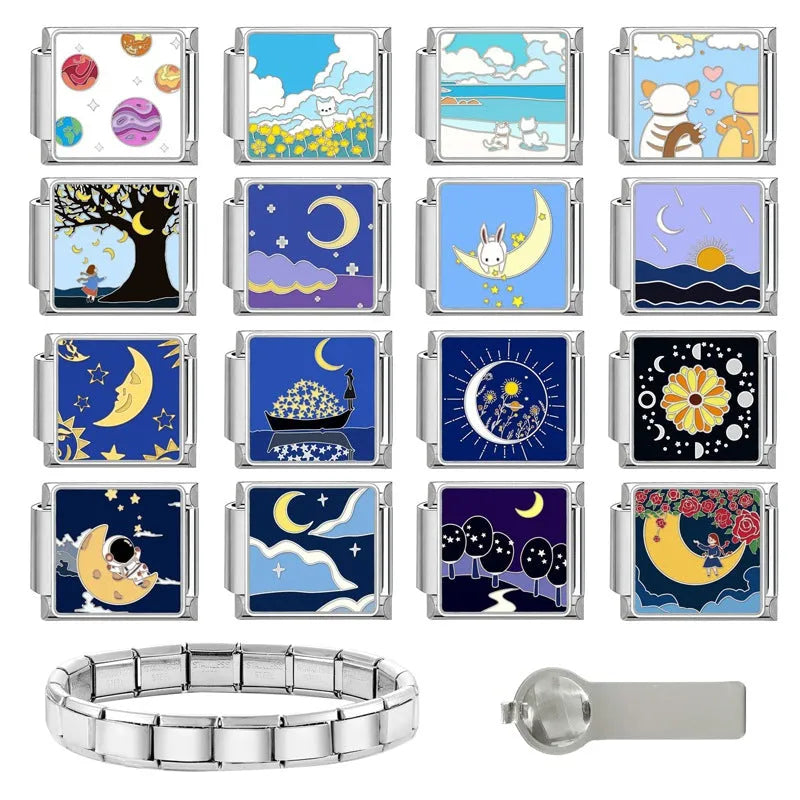 Stainless steel square link charm 1x0.9cm with Totem pattern, dripping oil finish and moon or planet colour option