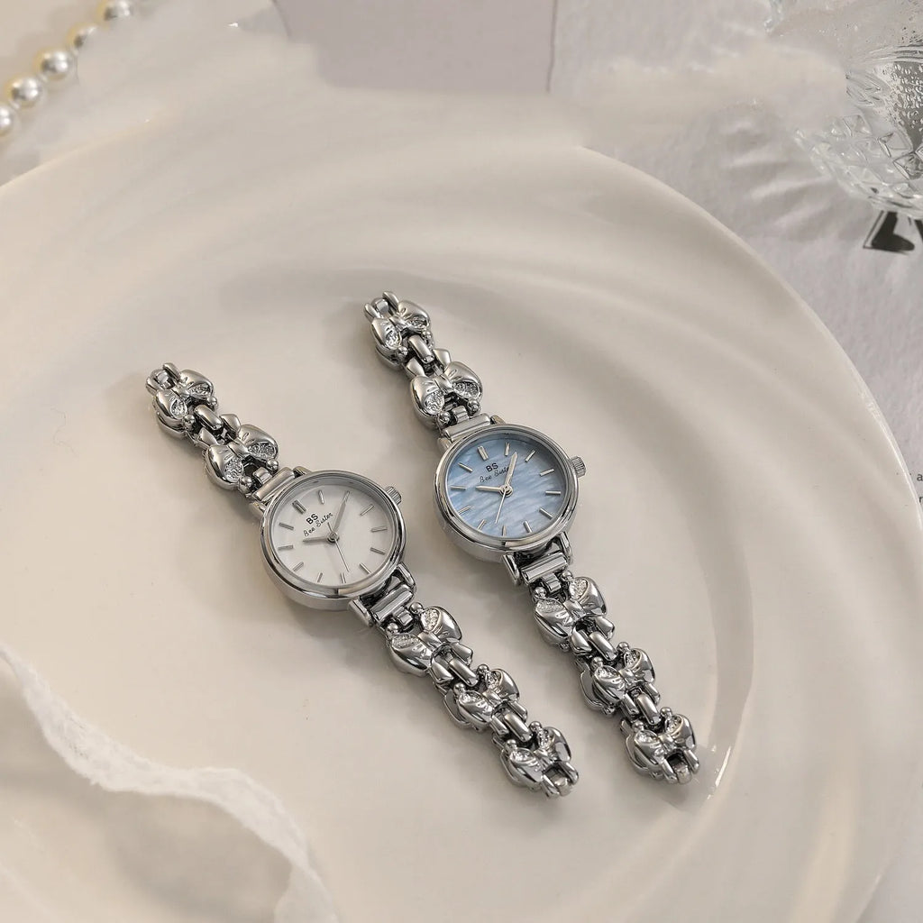 Women's French retro style watch with 7mm thin alloy case, shown in golden white, silver white, vintage gold and baby blue