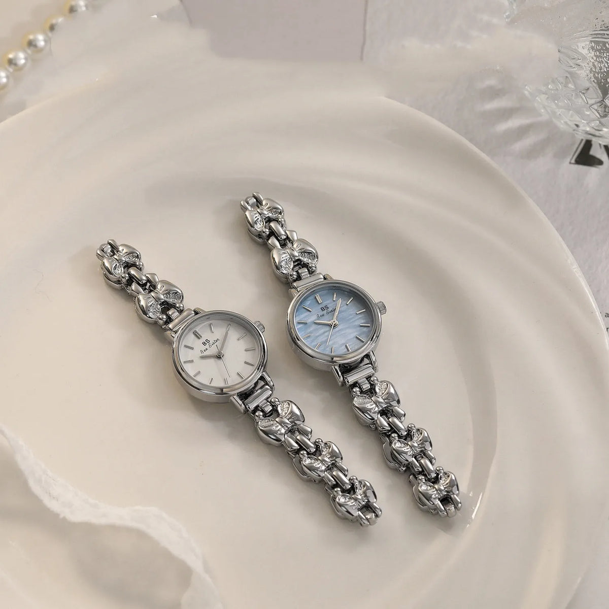 Women's French retro style watch with 7mm thin alloy case, shown in golden white, silver white, vintage gold and baby blue