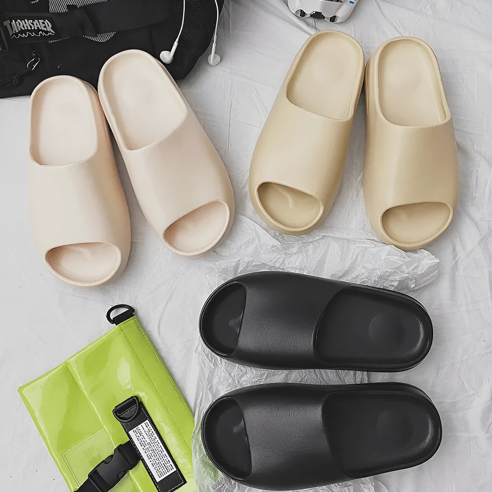 Women's beach slippers with thick EVA soles in black, green, brown and beige colour options
