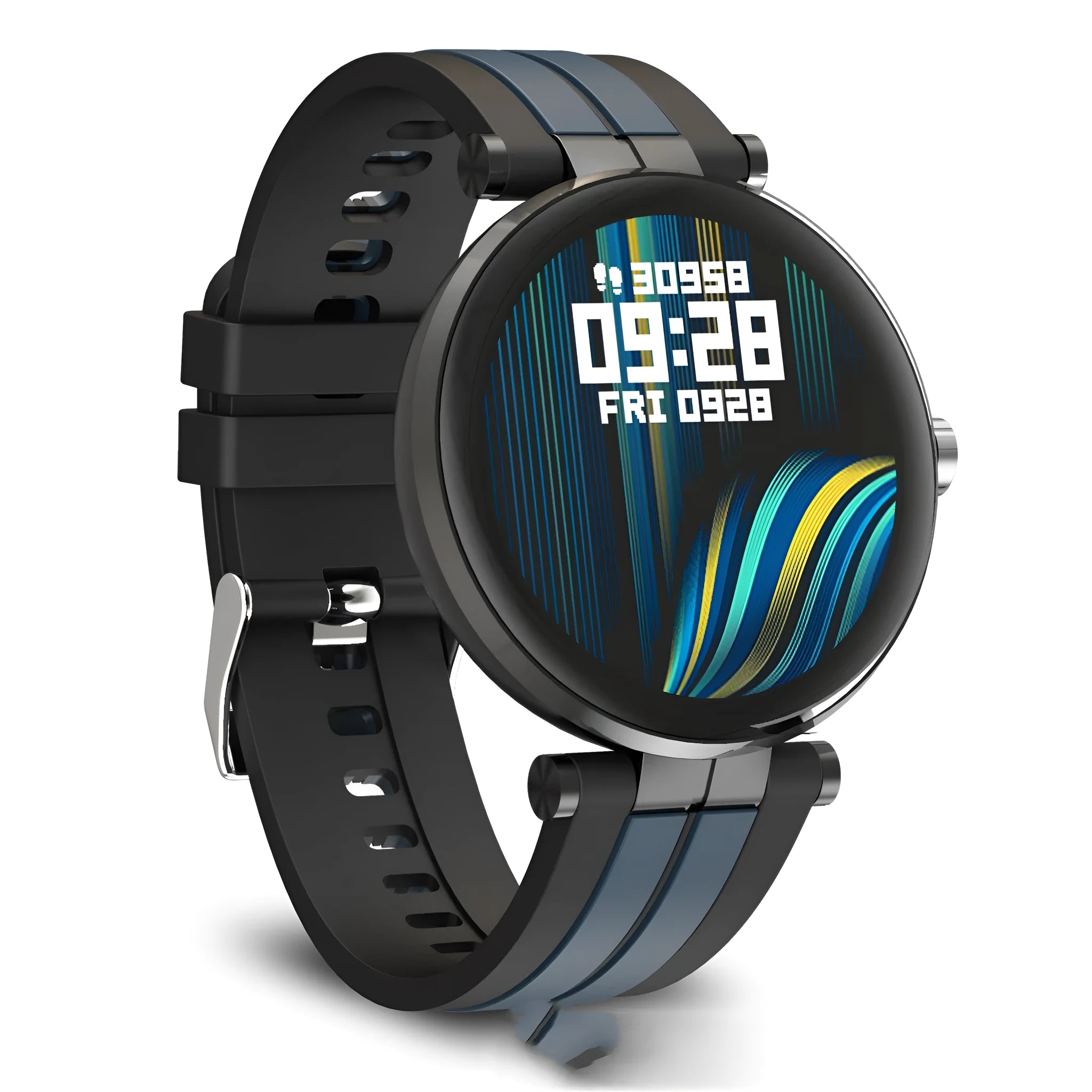 Smart watch with blood pressure and heart rate monitor on a silicone wrist strap, showing a 1.3-inch display.
