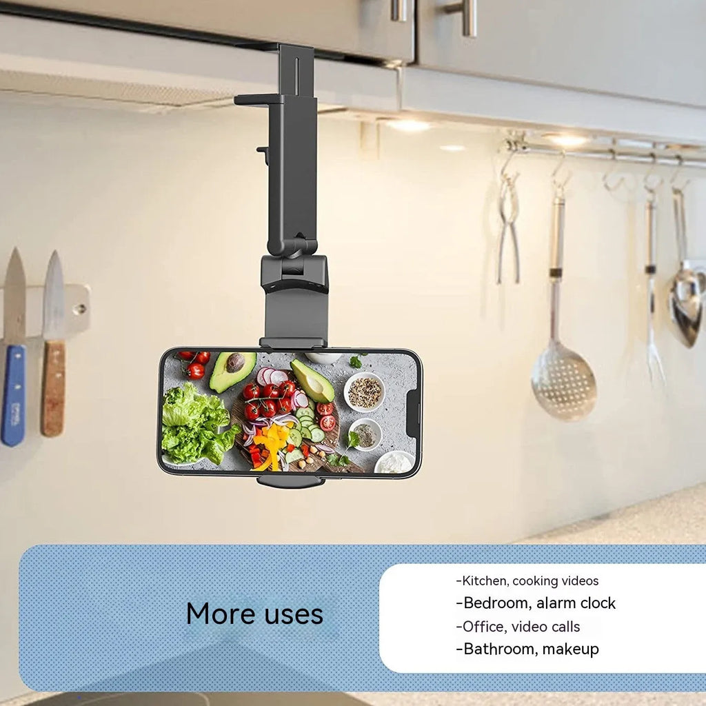 Foldable rotating phone holder in black, showing adjustable head and compact folded position.