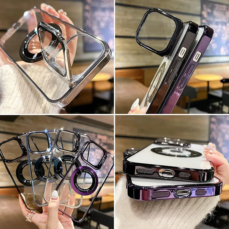 Magnetic mobile phone case for iPhone in dark purple, silver, black, or blue with exposed label design.