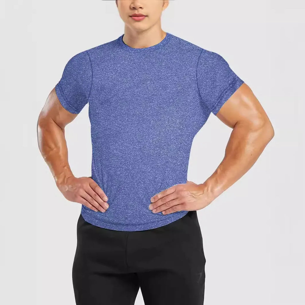Men's quick-dry polka dot short-sleeved T-shirt in slim fit polyester, round neck, available in blue, white, black, gray, and navy.