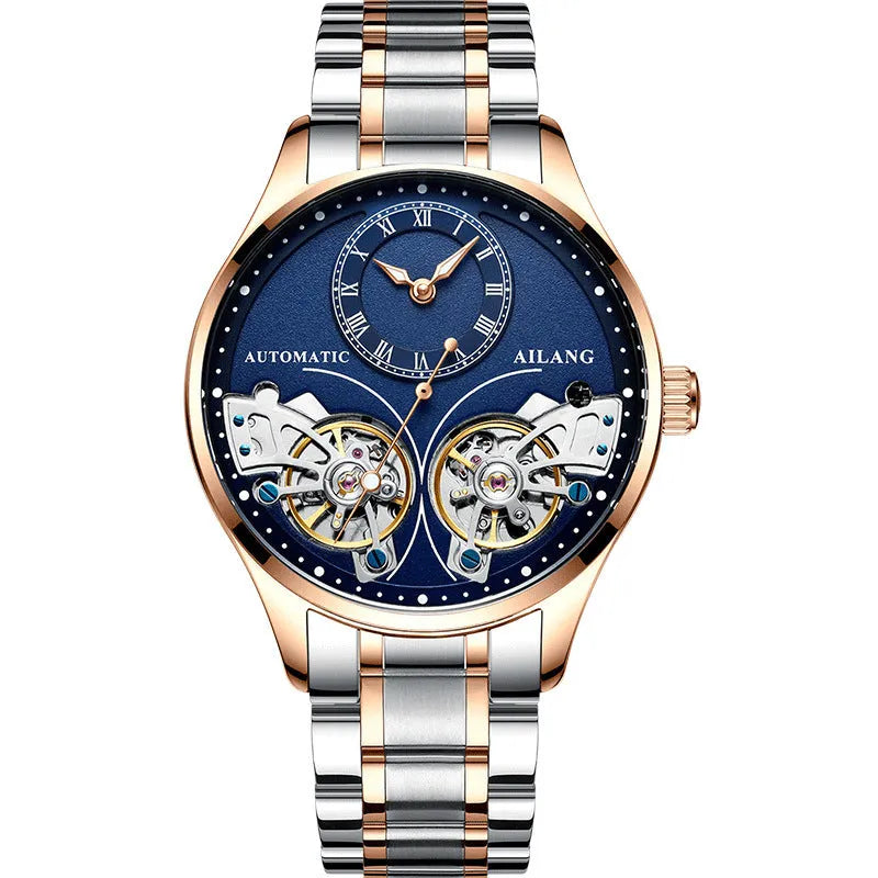 Automatic men's watch with tourbillon and moon phase on black steel strap