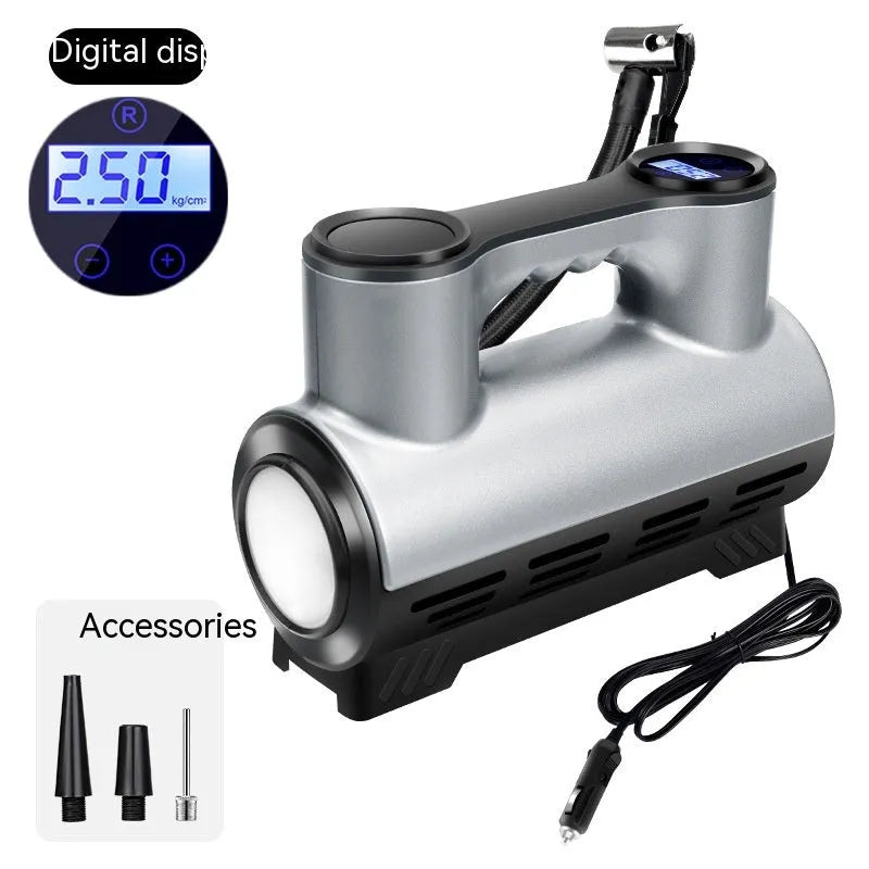 12V portable car tyre inflator with pressure gauge and LED light on black background