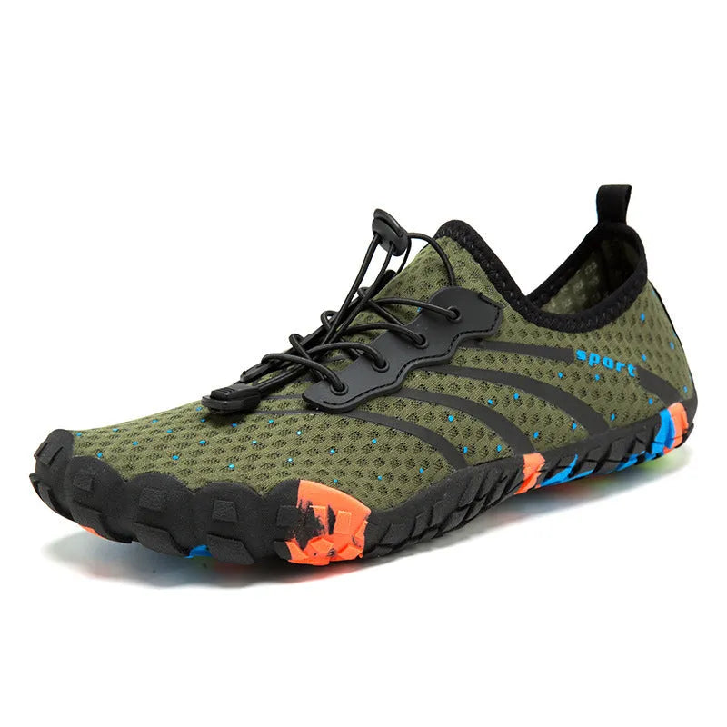 Low-top mesh water shoes with rubber sole shown in army green colour.