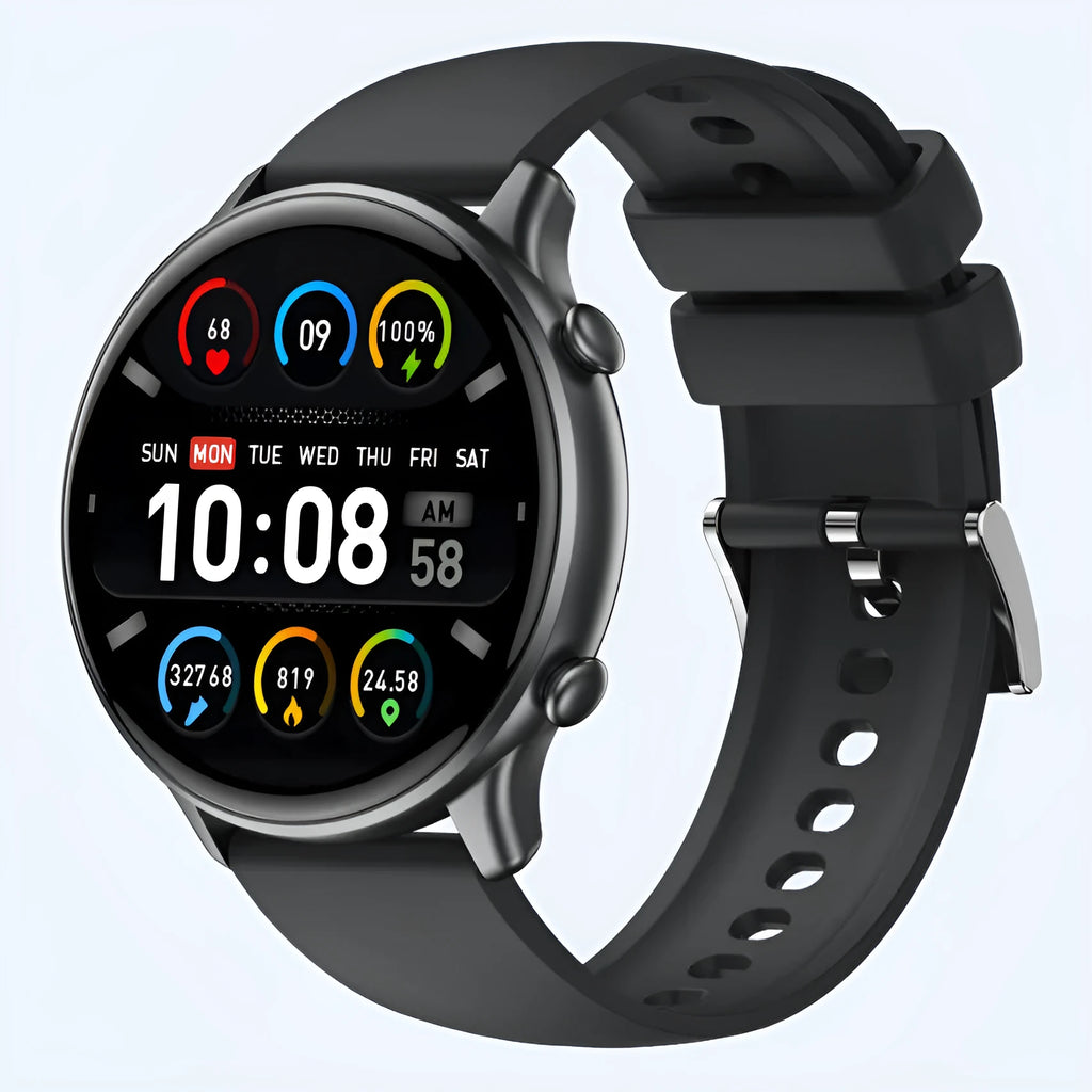 Round touch screen smart sports watch with silicone strap showing heart rate display