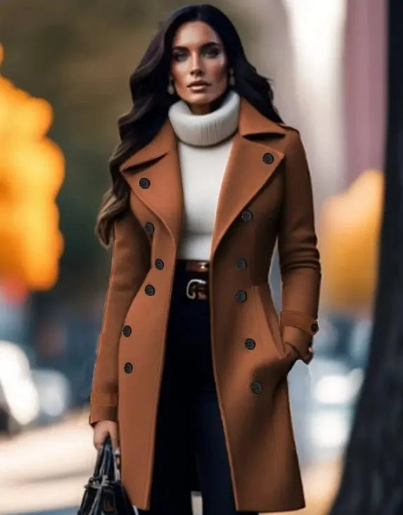Women's double breasted dark brown chenille coat with slim fit and long sleeves