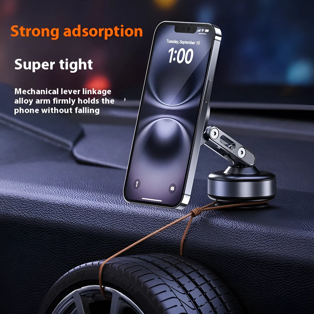 Magnetic car phone holder with vacuum suction cup dashboard mount and 360° rotating adjustment, dark grey.